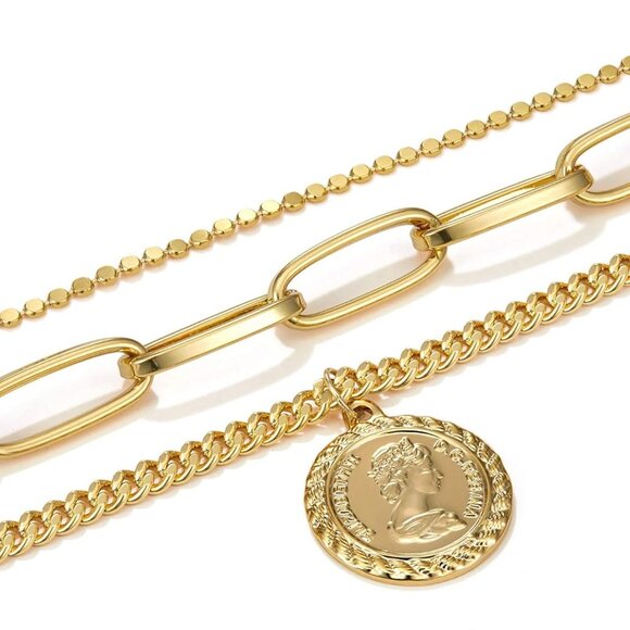 Gold Layered Necklace for Women, 14K Gold Plated Coin Cross Pendant Necklace Chu - Picture 6 of 7